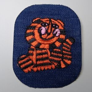 Campy 1970s Vintage Dark Denim Embroidered Tiger Jacket Patch Sew On Applique